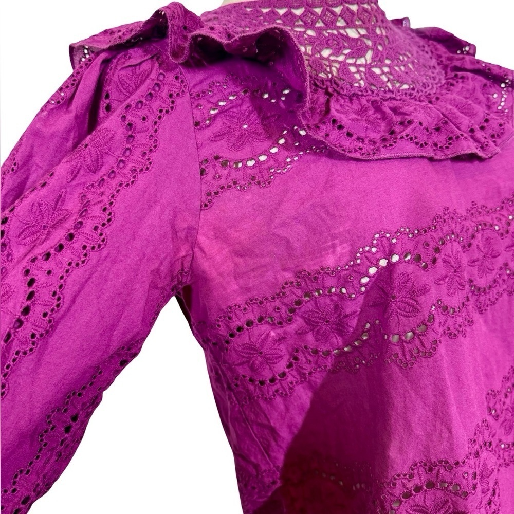 Sezane Elsa Blouse Eyelet Embroidered Ruffled Openwork in Purple Violet sz36/US4 - Picture 8 of 13